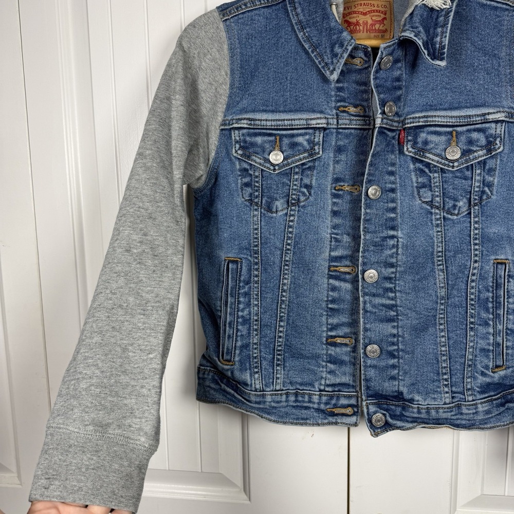 Levi's Hybrid Trucker Jean Jacket Women's Medium Hooded Denim Button Close Flaw - Picture 4 of 11